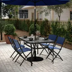 Flash Furniture Tory Commercial Grade Patio Table with Tempered Glass Top with Umbrella Hole and Steel Tube Frame