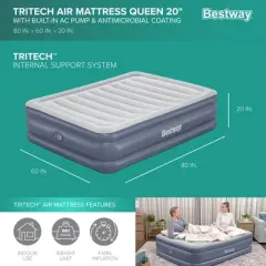 Bestway Tritech 20 Inch Thick Durable Comfortable Air Mattress with Ultra-Fresh Antimicrobial Coating & Built-in AC Pump for 4 Minute Inflation, Queen