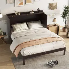 Whisen Queen Murphy Cabinet Bed with Charging Station - Pine Wood & Rattan Design, Foldable Space-Saving Solution