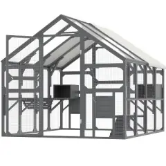 YOOCOZZ Large Catio Outdoor Cat Enclosure, Wooden Cat House with 7 Platforms, 2 Resting Boxes, 1 Bridge and 1 Ramp, Sunshine Board Roof-Gray