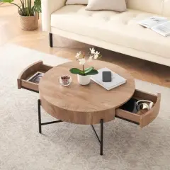 Garvee Farmhouse Round Coffee Table Solid Wood Center Table with Two Drawers, Brown