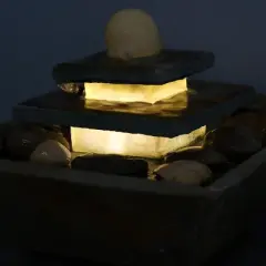 Sunnydaze Indoor Home Office Slate and Polished Stone Ball Tiered Tabletop Water Fountain with LED Light - 8"