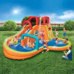 Banzai Kids Inflatable Outdoor Lazy River Adventure Water Park Slide with Pool, Cannons, 2 Inflatable River Rings, and GFCI Air Blower Motor