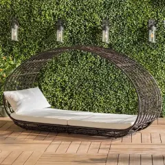 Curved Rattan Daybed with Cushions and Canopy, 2-Person Patio Lounger with Metal Frame, Outdoor Lounge Seating for Garden or Pool-The Pop Home