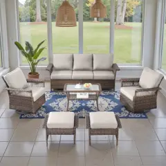 Belord 6 Piece All Weather Wicker Patio Furniture Set, Outdoor Conversation Set with Patio Sofa Couch Swivel Patio Chairs Coffee Table and Ottomans