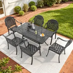 7-Piece Cast Aluminum Patio Set - Heavy Duty Rust-Proof Outdoor Dining Table & Chairs with Red Cushions, Umbrella Hole for Backyard, Poolside