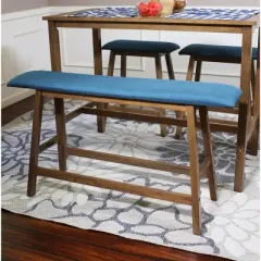 Sunnydaze Indoor Wooden Counter-Height Dining Bench - Weathered Oak Finish with Blue Cushion