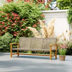 Outsunny 3-Seat Wicker Outdoor Couch Patio Sofa, 1000 lbs. Capacity, Acacia Wood Patio Furniture with Steel Seat Armrests for Backyard, Porch, Teak