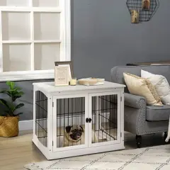Gulches Dog Crate Furniture, Small Dog Cage End Table with Two Opening Sides, Lockable Door, Puppy Kennel Indoor, Cute and Decorative, Pure White