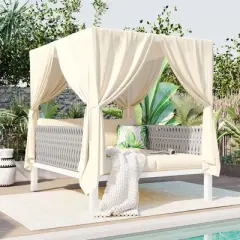ELJGET Outdoor Daybed Set with Curtains, PE Wicker Poolside Sunbed with Removable Cushions for Backyard, Porch