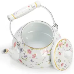 Itopfox Vintage Floral Enamel Tea Kettle with Porcelain Handle for Stovetop, Home Kitchen, Camping, Perfect Gift for Housewarming, Wedding