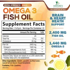 Omega 3 Fish Oil Capsules 3x Strength 2400mg EPA & DHA, Highest Potency - 60 Softgels;120 Softgels;180 Softgels