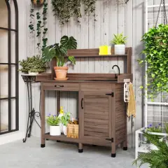 Outsunny Garden Potting Bench Table with Sink, Lockable Storage Cabinet and Open Shelf, Outdoor Planting Workstation with Steel Tabletop