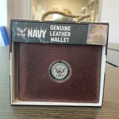 Officially Licensed "US NAVY" Medallion Genuine Leather Classic Handmade Wallet - Bifold Brown