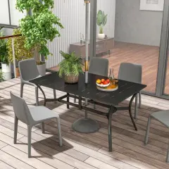 Outsunny Rectangle Outdoor Dining Table for 6 People, Slat Rectangular Patio Table with Umbrella Hole, Steel Frame for Garden, Balcony