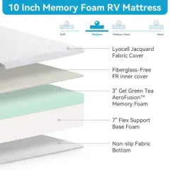 Dyonery RV Mattress 8/10 Inch Memory Foam Mattresses with Tencel Cover, Green Tea Cooling Gel, Medium Firm, CertiPUR-US, Mattress in Box