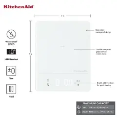 KitchenAid 11lb Waterproof Kitchen Digital Food Scale White: LED Display, Battery Powered, Coffee & Food Weight Scale