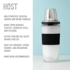HOST Cocktail Shaker Double-Walled Cup with Citrus Reamer, Stainless Steel Cap, Strainer, 20 Oz 3-Piece Bar Set, Black