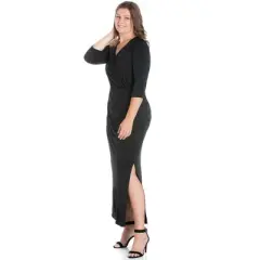 24seven Comfort Appare Fitted V-Neck Side Slit Maxi Plus Size Dress