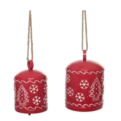 Transpac Metal 11.25 Inch Red Christmas Embossed Bell Set of 2 for Holiday Decor Bells and Wind Chimes Iron
