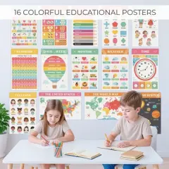 Fun Educational Posters for Toddlers 1&ndash;3 - Set of 16 Learning Posters for Classroom or Home - Laminated Wall Charts with ABC, Numbers, Colors, Shapes
