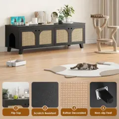 FURNIinspire Pet Crates and Houses Double Large Hidden Cat Litter Box Enclosure Furniture Cabinet with Rattan Doors, Black, 57.9"*19.7"*19.7"