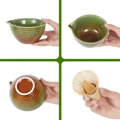 7 Pcs Matcha Whisk Set with Ceramic Bowl & Holder, Bamboo Whisk, Scoop & Rest, Stainless Steel Sifter, Tea Towel