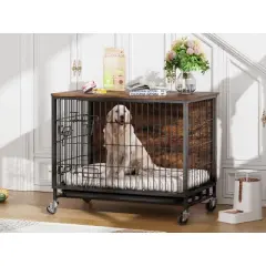 Acekool 32.5" Rustic Dog Crate & Side Table - Wood Kennel with Wheels for Medium/Large Dogs (138 characters)