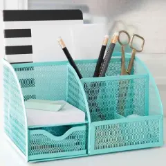 Blu Monaco Desk Organizer with Drawer - Small Metal Mesh Organizer Available in Aqua, Gold, and Pink