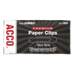 ACCO Premium Paper Clips Nonskid Jumbo Silver 100/Box 10 Boxes/Pack 72510