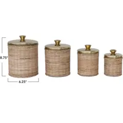 Storied Home Rattan Wrapped Stainless Steel Canisters, Set of 4, Brass Finish