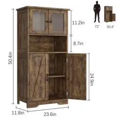 Homhougo 54in Tall Farmhouse Freestanding Kitchen Pantry Cabinet with Glass Doors and Adjustable Shelves Cupboard, Floor Cabinet Brown