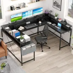 U Shaped Computer Gaming Desk, 79&rsquo;&rsquo; Reversible l Shaped Computer Desk with Power Outlet & LED Strip, Office Desk with Monitor Stand