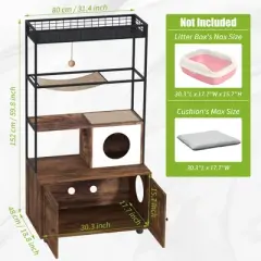 COZONY 60" Cat Litter Box Enclosure with Shelf Storage &mdash; 2-in-1 Wooden Cat House Condo, Reversible Entrance, Sisal Hammock & Playing Ball for Cats