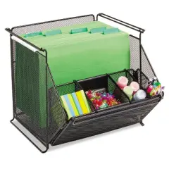 Safco Onyx Stackable Mesh Storage Bin, 4 Compartments, Steel Mesh, 14 x 15.5 x 11.75, Black