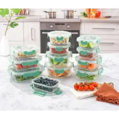 JoyJolt 24 Piece Fluted Glass Food Storage Containers with Leakproof Lids Set - Green