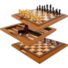Toy Time Deluxe Wooden 3-in-1 Chess, Backgammon, and Checkers Set