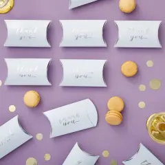 Sparkle and Bash 100 Pack Light Blue Thank You Boxes for Favors with Silver Foil, Bulk Gift Wrap for Party Supplies, 5.2 x 3.2 In