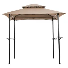 DOMETOUR Outdoor Grill Gazebo 8 x 5 Ft, Shelter Tent, Double Tier Soft Top Canopy and Steel Frame with hook and Bar Counters,Khaki