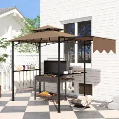 Outsunny 8' x 5' Grill Gazebo, Double Tiered Outdoor BBQ Gazebo with Side Awning, 2 Side Shelves and 6 Hooks for Patio, Deck, Yard, Brown
