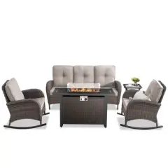 Buenhomino 5 Pieces Outdoor Patio Furniture Set with 50000 BTU Propane Fire Pit Table, Deep Seating Rocker Chairs and Sofa Patio Conversation Set