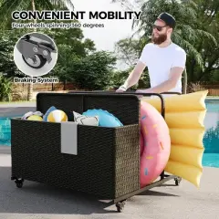Outdoor Cart Storage Box, Iron Pipe & Woven Rattan, Swivel Wheels, Double Compartments, Large Basket, 39.4", Weather-Resistant, 110 lbs Capacity