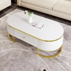 Oval Coffee Table, Modern Side Table With 1 Drawer & Curved Profile Design Metal Legs, Oval Sofa Table For Home Office Living Room Reception Room