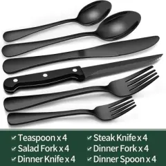 BRINJOY 24-Piece Black Silverware Set for 4 - Premium Stainless Steel Flatware Set with Steak Knives
