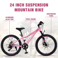 INFURNIC Bicycles Mountain Bike for Girls and Boys 24 Inch Shimano 6 Speed Suspension Fork Disc Brakes, Pink, 61.42"*23.63"*36.62"