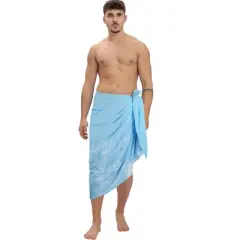 HAPPY BAY Men's Swimwear Beach Vacation Sarong Wrap for Men One Size Blue_White Leaf