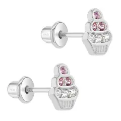 Girls' CZ Ice Cream Sundae Screw Back Sterling Silver Earrings - In Season Jewelry