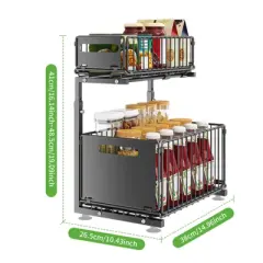1Pc Carbon Steel Cabinet Built-In Pull-Out Basket Multi-Function Pull-Out Snack Storage Rack Home Kitchen Sink Under The Rack Without Punching
