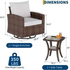 Acekool 3 Piece Patio Wicker Swivel Rocker Chair Set with Rattan Side Table & Soft Cushions, Outdoor Swivel Rocking Chairs for Deck Porch Pool