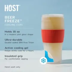 Host FREEZE Beer Glasses, Frozen Brew Mugs, Freezable Pint Glass Set, Insulated Beer Glass, Double Walled Insulated, 16oz, Set of 2, Crimson Red